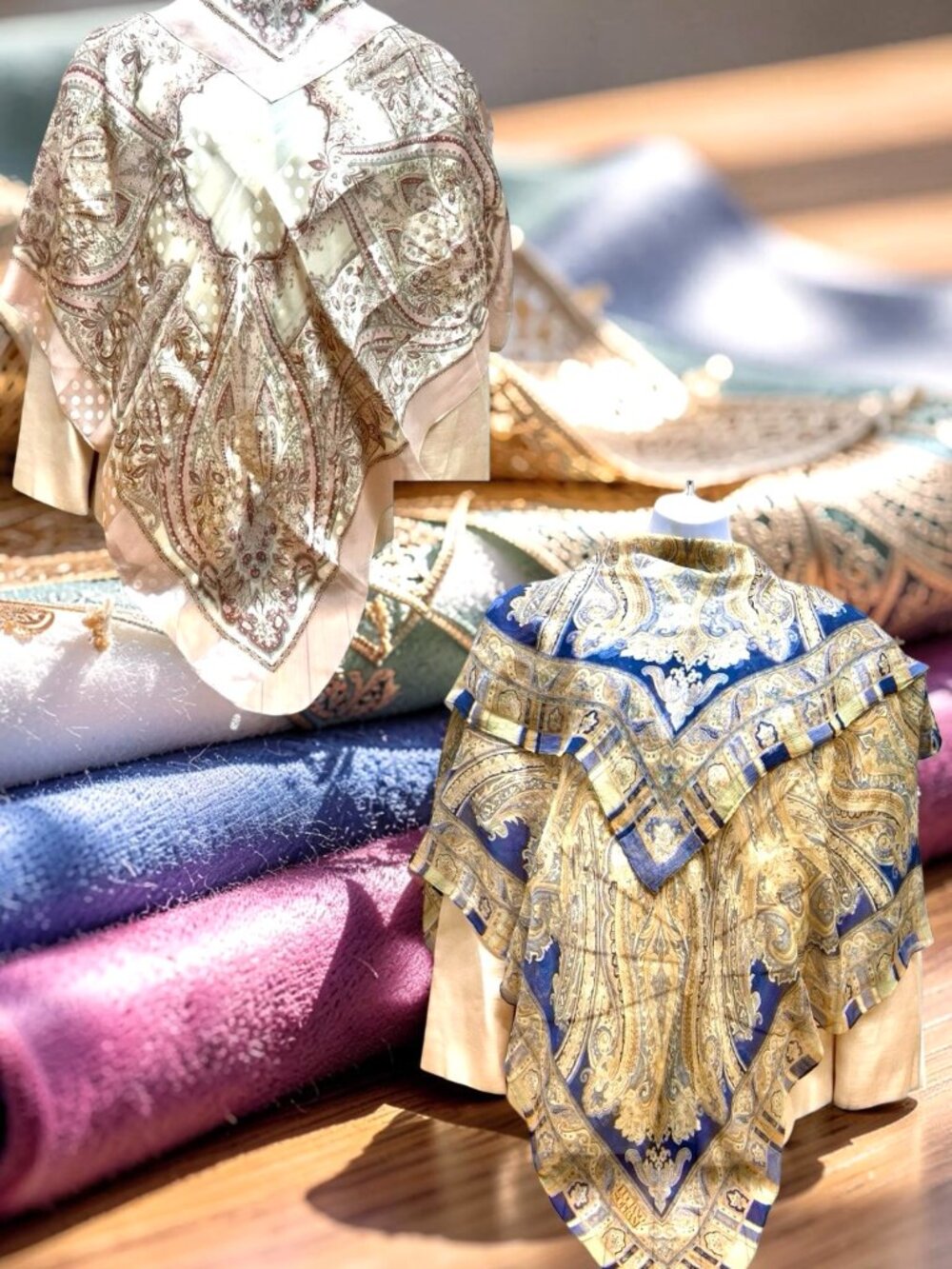 A Pair Luciano Soprani Silk Scarf  35" & 42"  Pastel Pink + Blue floral  (27